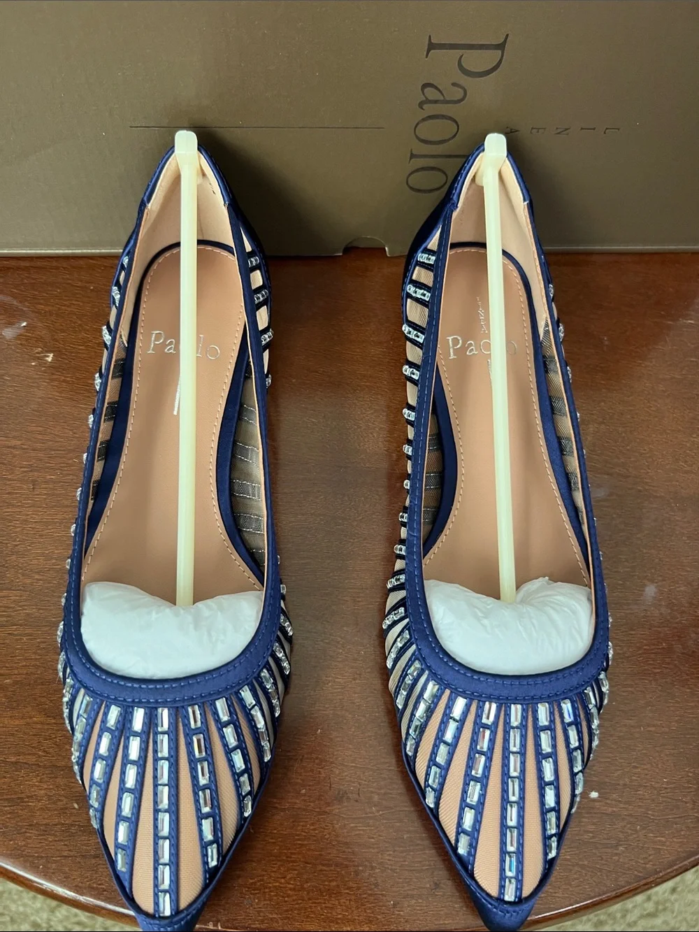 Linea Paolo Noelle Navy Blue Satin Crystal Embellished Flat Dress Shoe Size 5